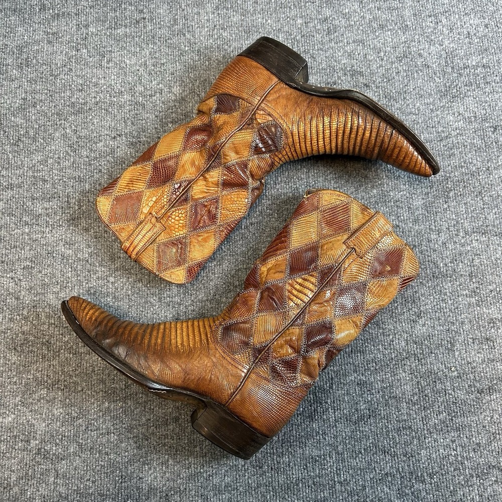 Justin 5995 C Vintage Two Tone Brown Lizard Patchwork Western Cowboy Boots 7.5D - Picture 2 of 10